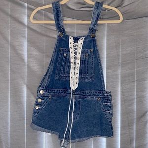 white lace up denim romper